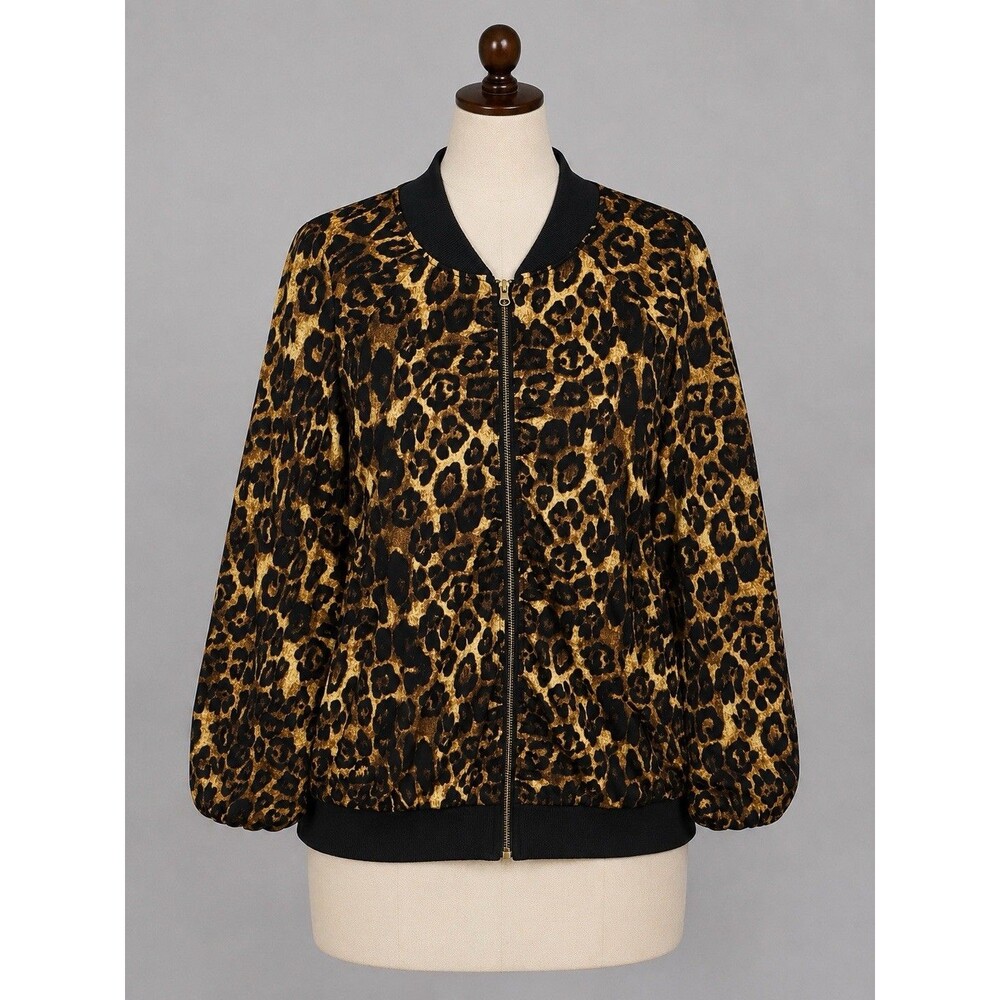 Sabrina Lauren Womens 3X Leopard Print Bomber Jacket Zip Front Plus Size Stretch